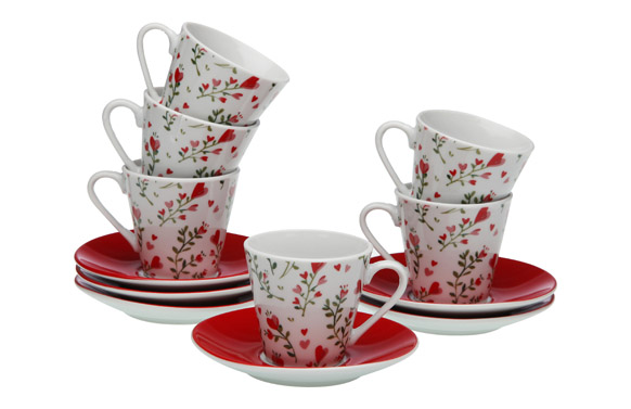 Taza cafe porcelona con plato set 6 ud lover rojo