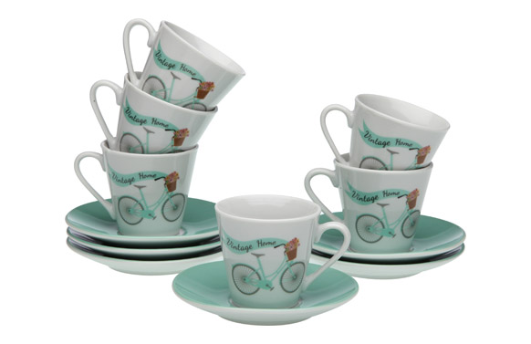 Taza cafe porcelona con plato set 6 ud ciclo verde