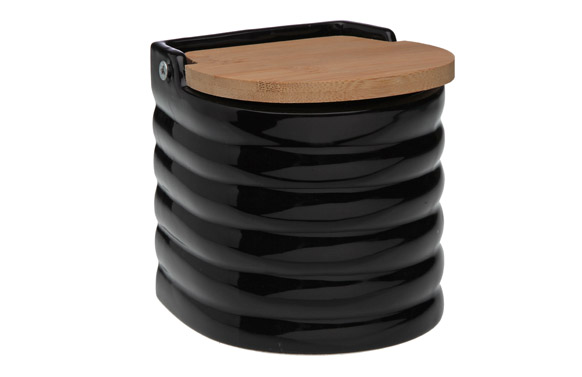 Salero ceramica tapa bambu semicircular grabado negro rayas