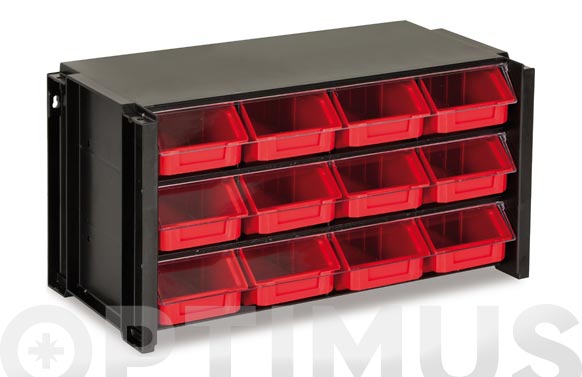 Clasificador apilable plastico negro y rojo 12 gavetas 170 x 360 x 190 mm
