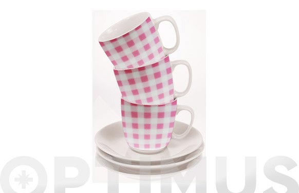 Taza te con plato cuadros rosa