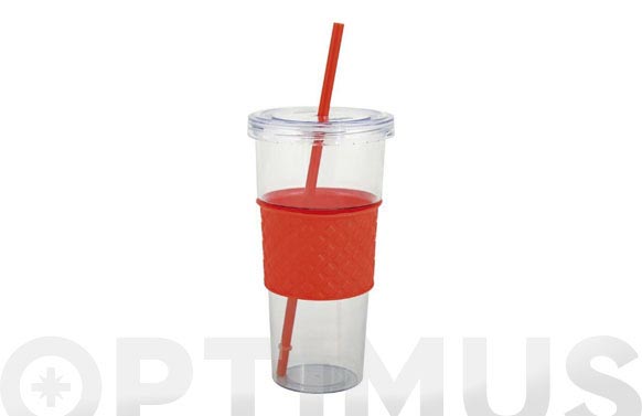 Vaso plastico con pajita 10 x 19 transparente y rojo