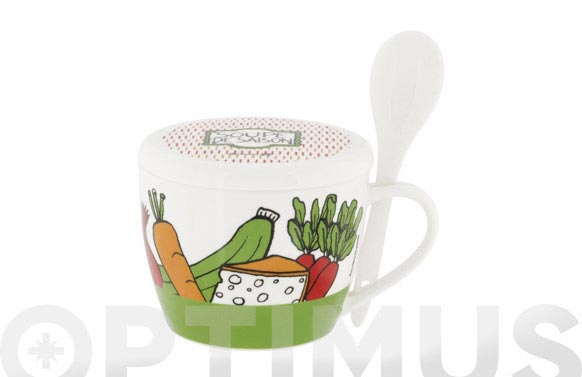 Bol sopa ceramica + cuchara blanca verduras