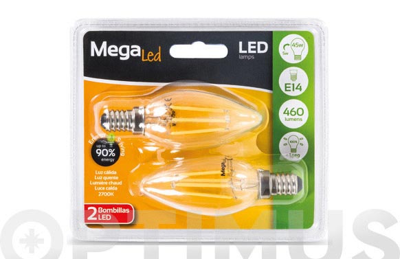 Bombilla led filamento vela (2uni) 5w e14 luz calida (2700k)