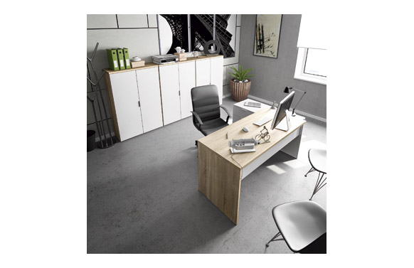 Mesa escritorio c/cajonera reversible blanco/robl 145 x 108 x 73 cm