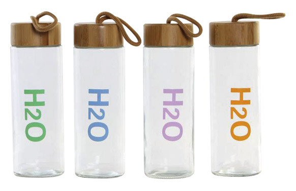 Botella cristal decorada h2o tapa bambu 580 ml - colores surtidos